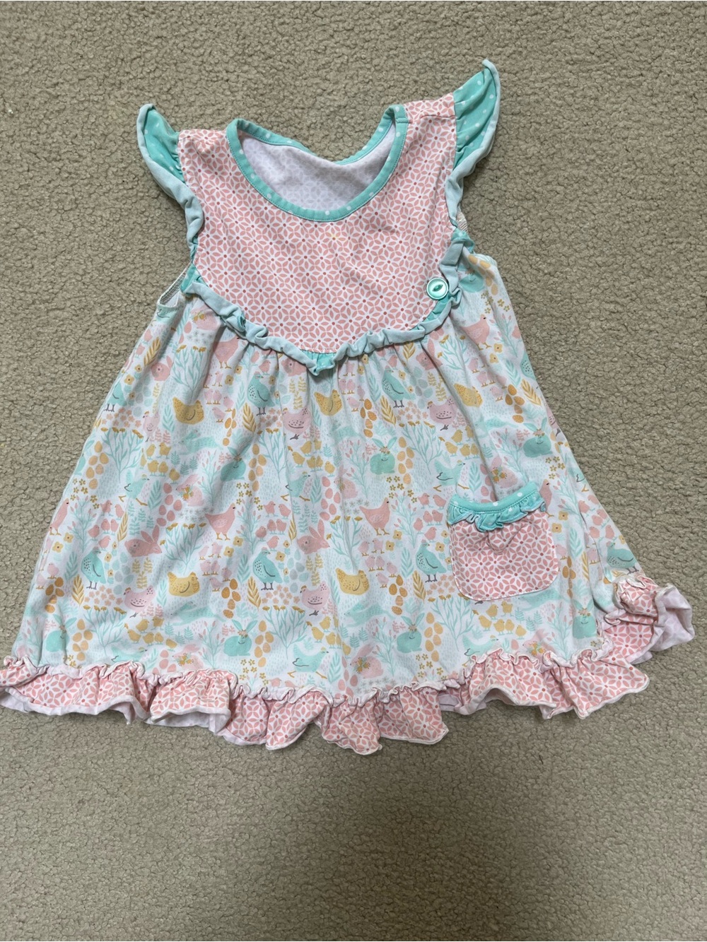 Girls' Pink & Mint Floral Chicken Print Ruffle Dress
